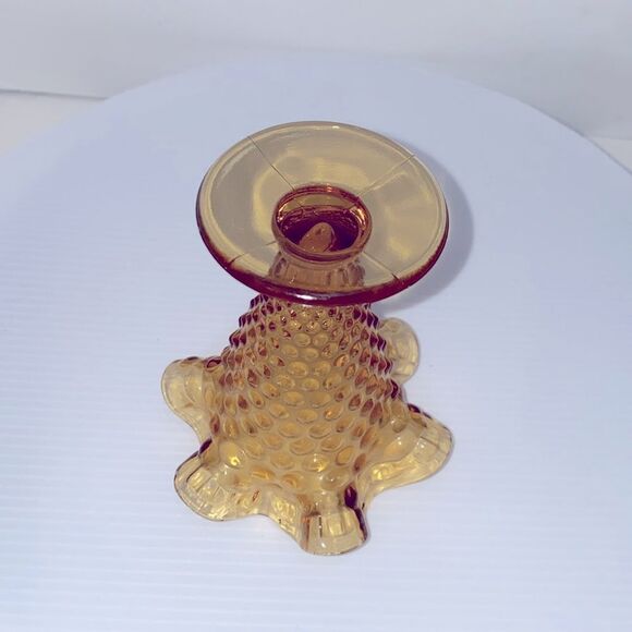Vintage Amber Hobnail Glass Vase Wavy Edge Stands 4" Tall - Picture 5 of 7
